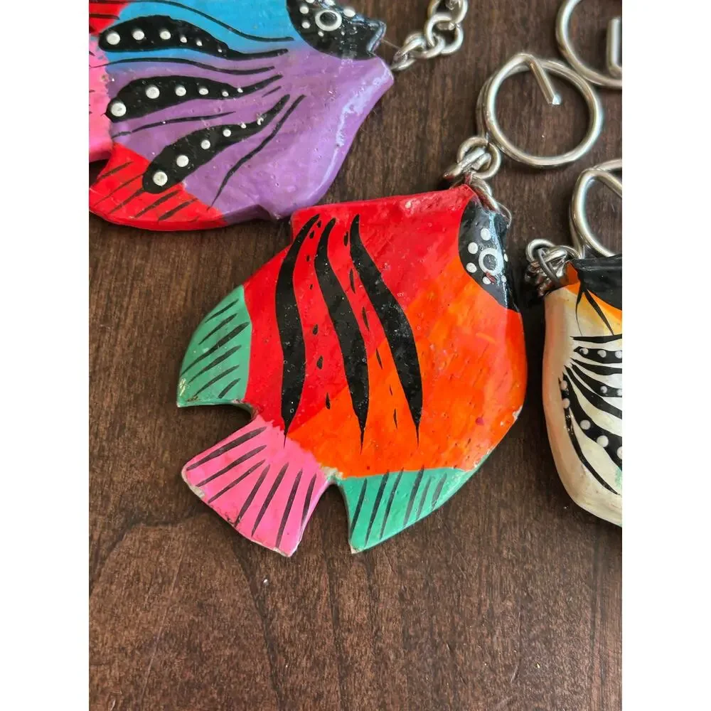 10 vintage hand-painted wooden tropical fish key chains ornaments